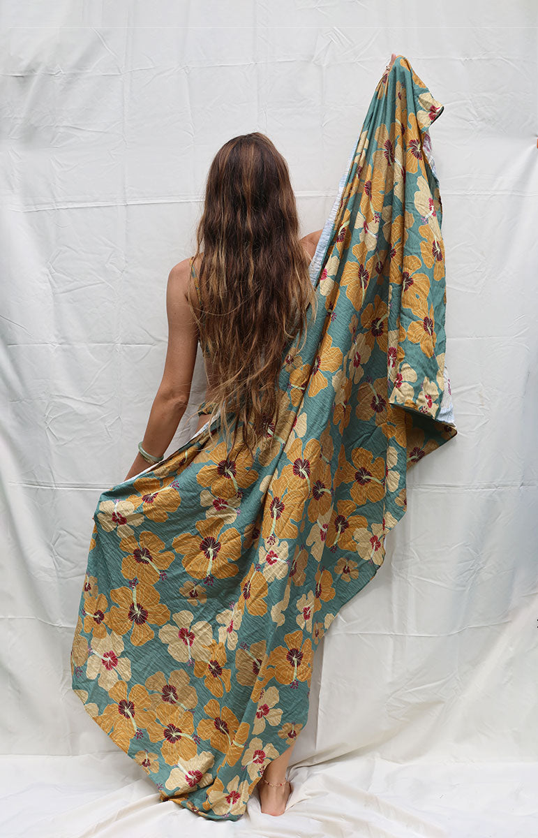 Designer Sarong 2024 - Crêpe de Chine Shawl Wrap Beach Coverup - Luxury Island Gold Floral - Original Wearable Art - Environmentally friendly ink