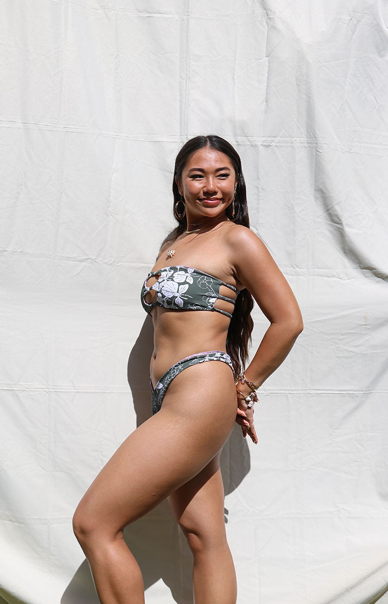 tai swim co green devin pua bandeau strapless open keyhole bikini top and triple three strap back bikini top from oahu kailua hawaii seamless sustainable reversible swimwear