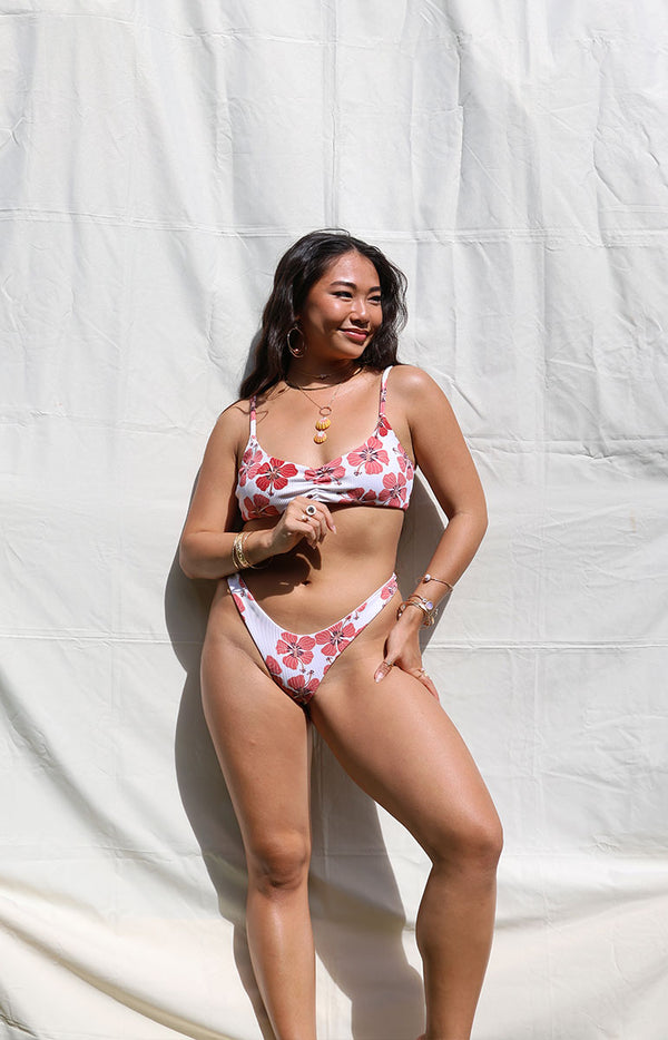 tai swim co emma top in haleiwa floral red hibiscus print from kailua oahu hawaii scrunchy comfy bra top for yoga and surfing and working out