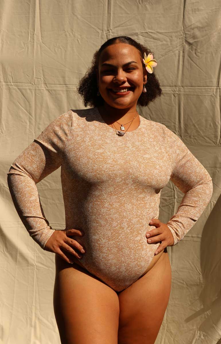 tai swim co hoku long sleeve surf suit from oahu kailua hawaii animal print gold snake print abstract bikini from kailua