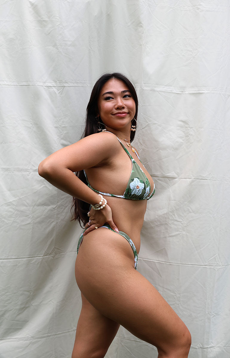 tai swim co green pikake floral hawaiian ribbed thick material scrunchy bikini top and bottom from oahu hawaii kailua triangle adjustable bikini top and bottom hawaiian gardenia