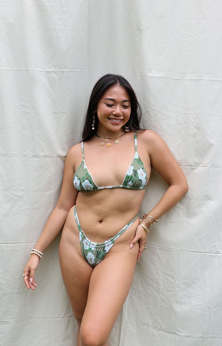 tai swim co green pikake floral hawaiian ribbed thick material scrunchy bikini top and bottom from oahu hawaii kailua triangle adjustable bikini top and bottom