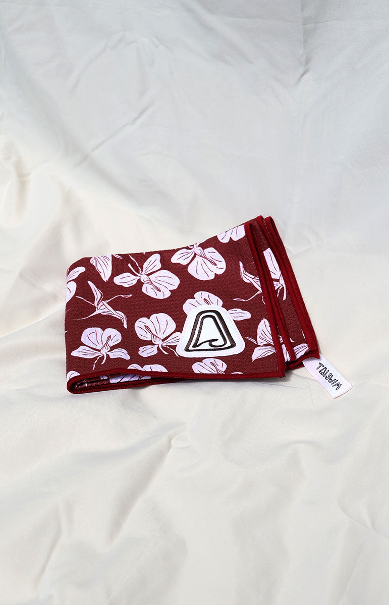tai swim co mini sweat yoga towel in the kaala print for yoga with maka collaboration collection in oahu north shore hawaii logo loop towel with logo