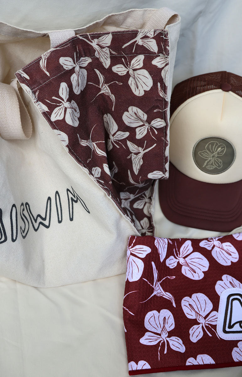 tai swim co mini sweat yoga towel in the kaala print for yoga with maka collaboration collection in oahu north shore hawaii logo loop towel with logo