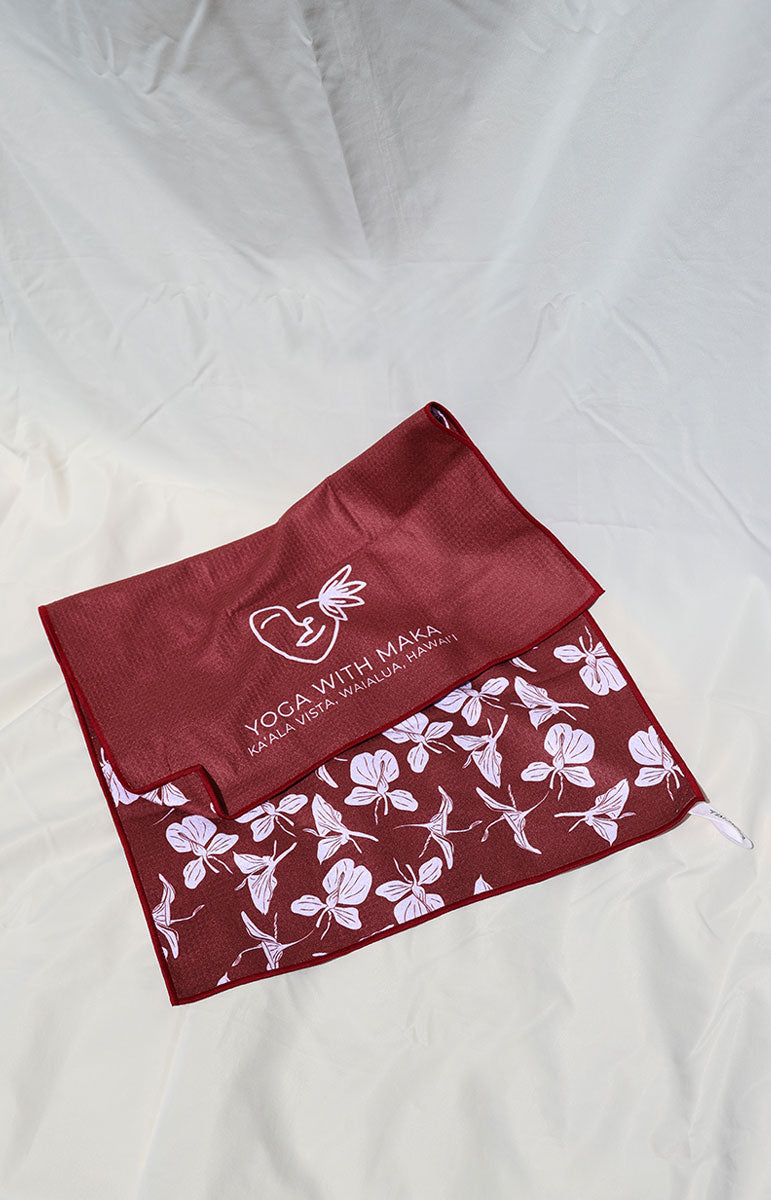 tai swim co mini sweat yoga towel in the kaala print for yoga with maka collaboration collection in oahu north shore hawaii logo loop towel with logo