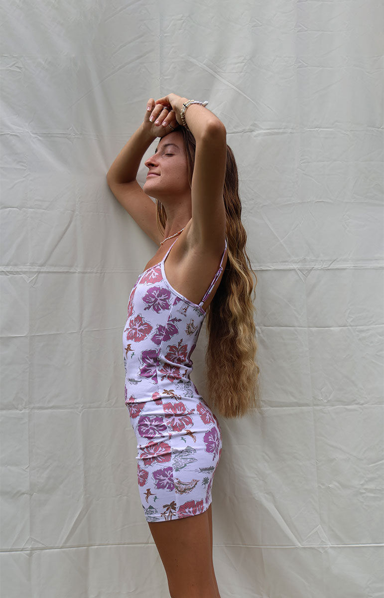 tai swim co kristi mini dress in kaohao pink and purple floral hibiscus sustainable short dresses made from recycled materials oahu hawaii skimpy cute adjustable strap quality hand drawn local bikini brand oahu swimwear brands
