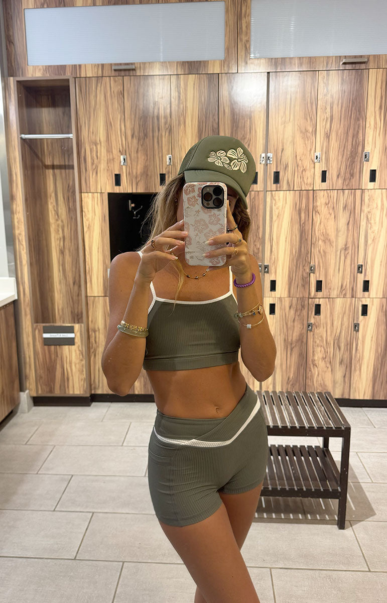 tai swim co kylie shorts in fern green ribbed sustainable activewear yoga with maka collab hawaii designed creative fashion designer tai swim co