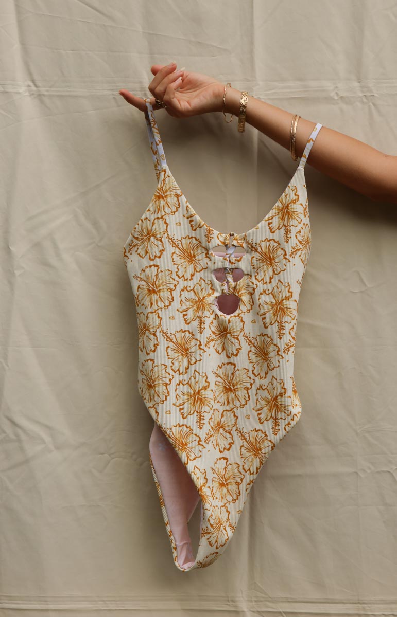 tai swim co floral mahea one piece waimea hibiscus yellow hand drawn bikini prints from oahu kailua hawaii