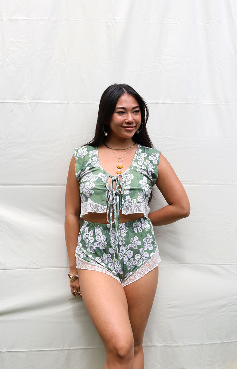 tai swim co cotton lace modal comfy cozy stretchy soft shorts with waialua green and white floral print made from recycled materials and eco lace kailua oahu hawaii