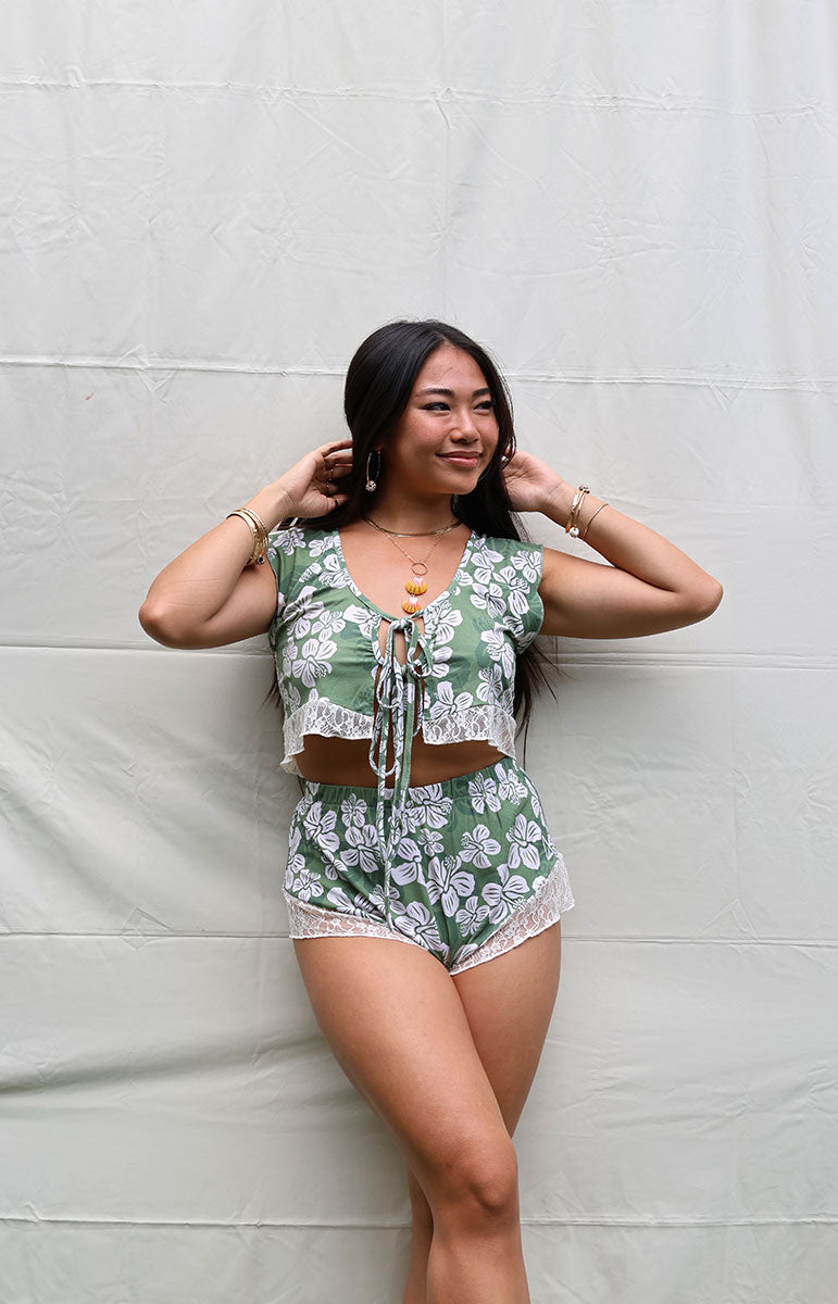 tai swim co maka top in waialua print green floral cheeky bikini top silky pajama lace comfy cozy boho soft set