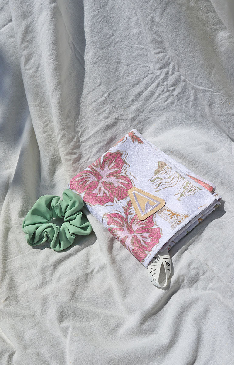 tai swim co floral hibiscus waffle reversible recycled waffle mini towel kaohao print from oahu hawaii mini sweat comfy towel with scrunchie and towel loop for easy storage