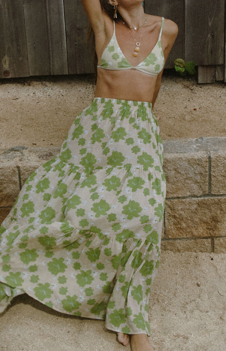tai swim co green naupaka cotton skirt hawaii swimwear clothing and bikini brand from oahu sustainable cheeky mamma mia aesthetic comfy high waisted flowy skirt with matching bikinis