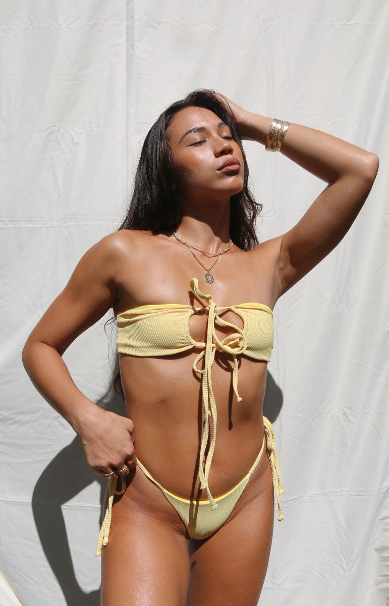 tai swim co page top in ilima yellow stringy cheeky sustainable seamless stitching ribbed lemon citrus bright bikini from hawaii