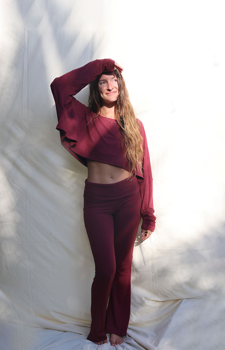 tai swim co cotton lounge shaiann top in rose burgundy maroon long sleeve top and flare pants made of organic cotton eco friendly materials