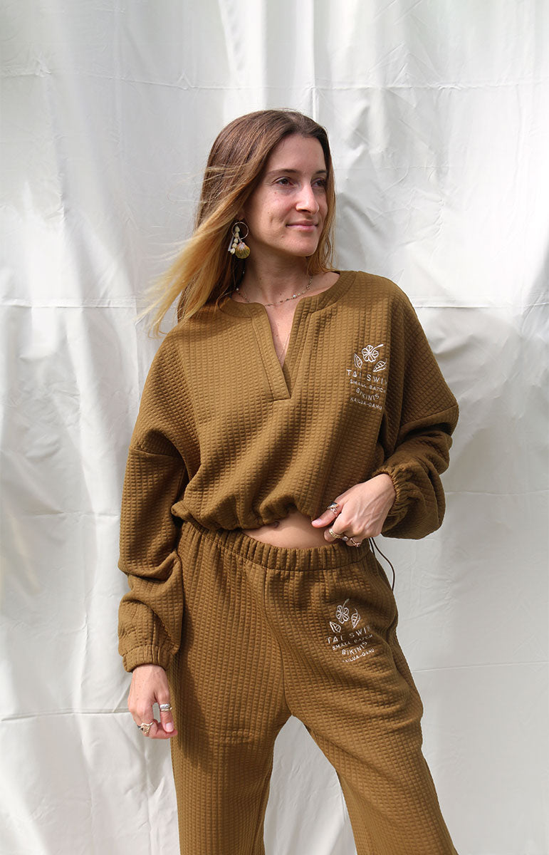 shaiann espresso tai swim co brown matching lounge set cozy comfy sustainable swimwear apparel and matching sweaters from hawaii with floral embroidery on front chocolate brown eco friendly lounge sets from hawaii