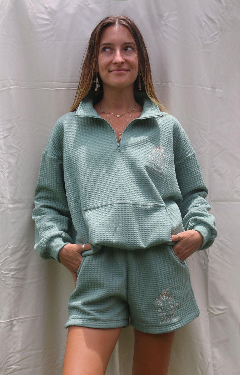 tai swim co fern green recycled comfortable waffle textured high waisted sweat shorts from hawaii in kailua on oahu cheeky adjustable winter matching sweat set quarter zip athleisure set sustainable matching green coastal hamptons girl hawaiian owned and designed businesses