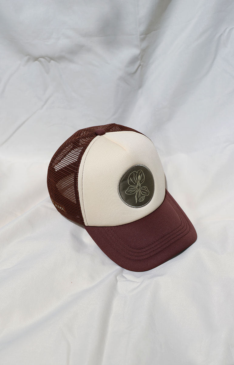 Maroon and beige cap with a tai swim logo in green ginger print on a white background