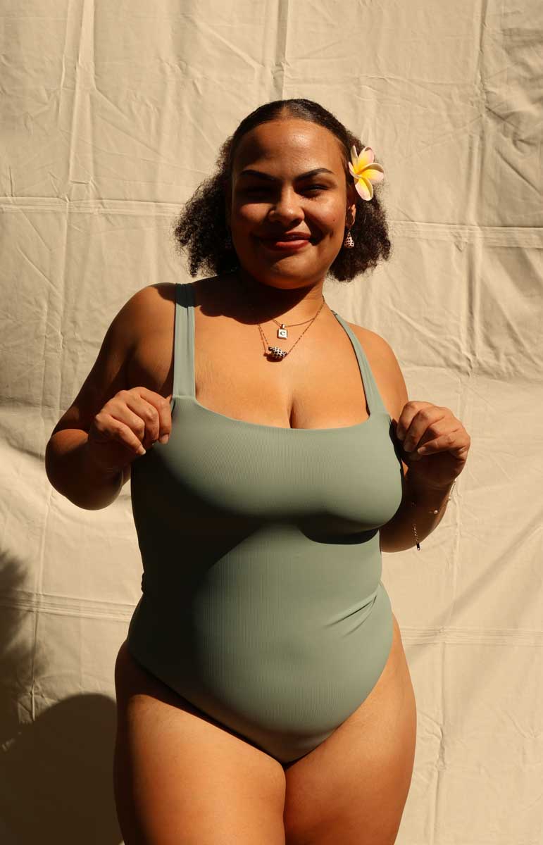 tai swim jordyn one piece in green fern ribbed cheeky sustainable bodysuit comfy material