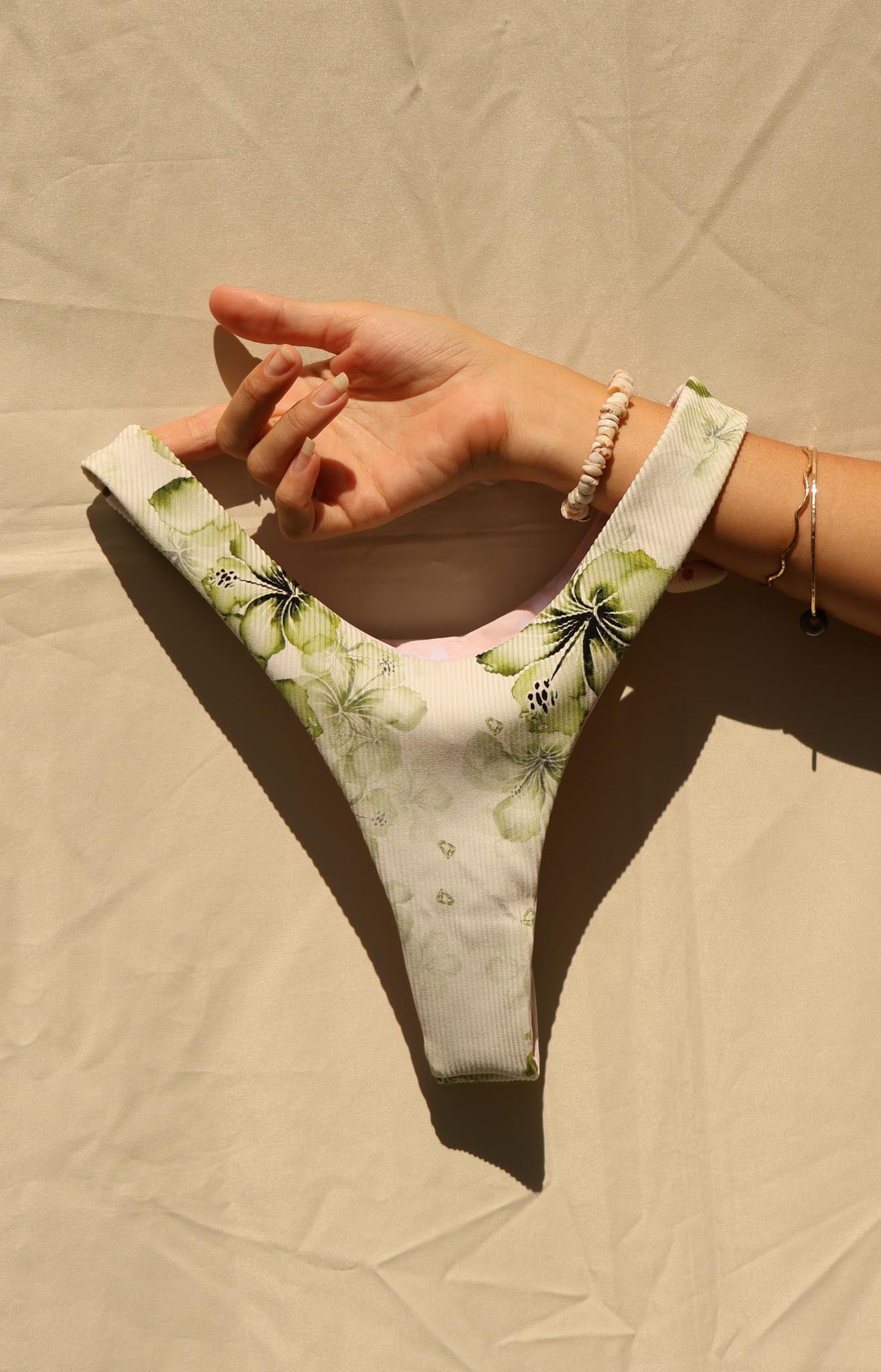 tai swim mariah bottom in keauhou green hibiscus watercolor pattern on thong bikini