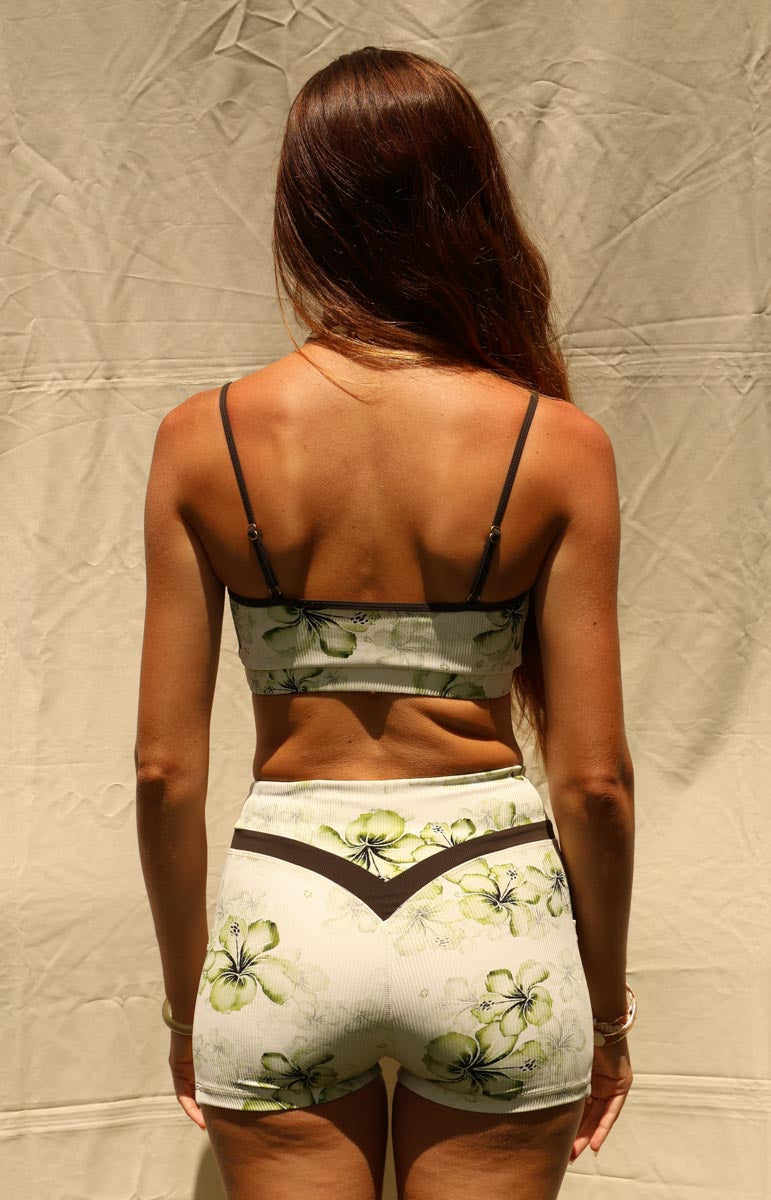 tai swim kylie shorts in keauhou green foldover watercolor painting hibiscus activewear pants with pocket green floral