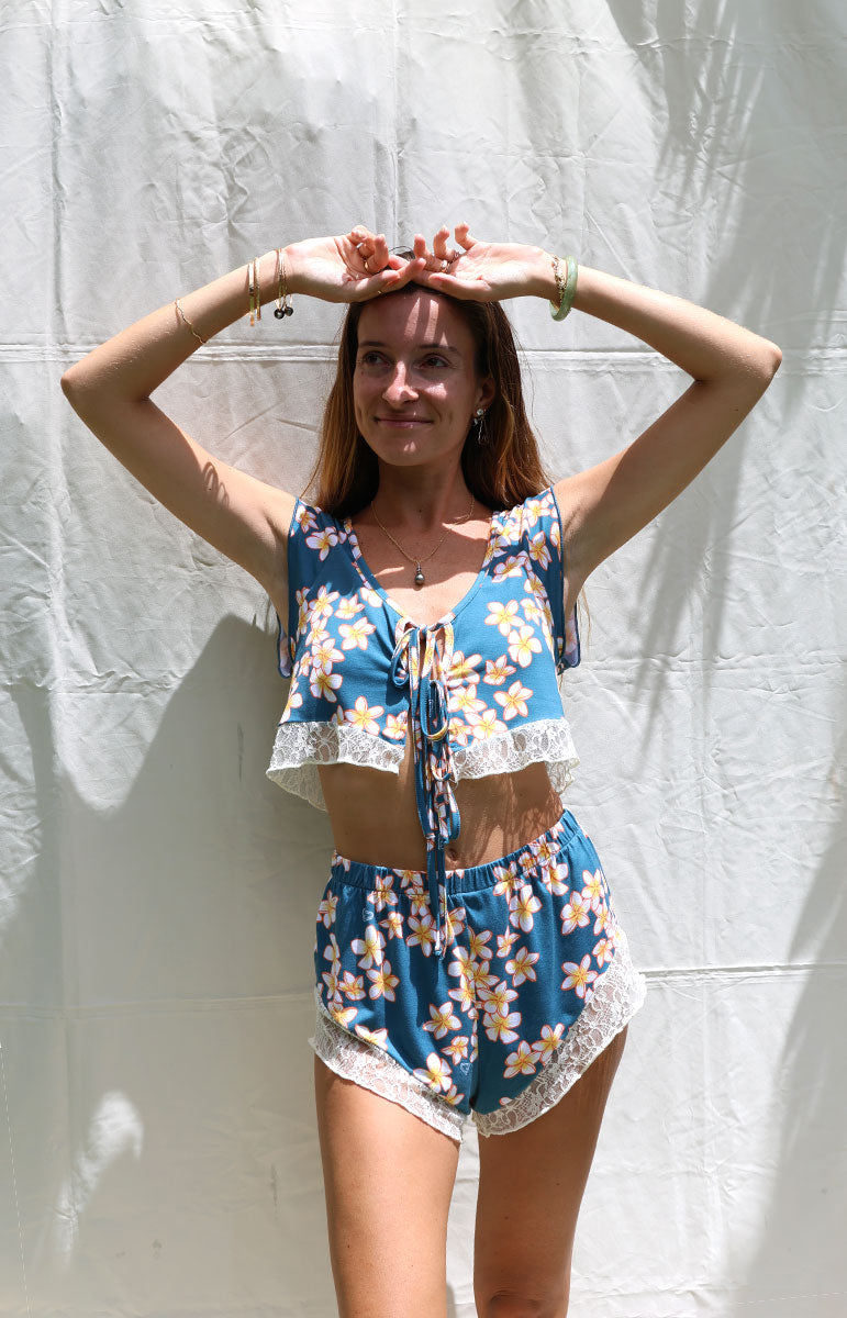 tai swim co maka lace top tie bottom scrunchy cotton waistband in floral plumeria shop keiko collaboration from hawaii