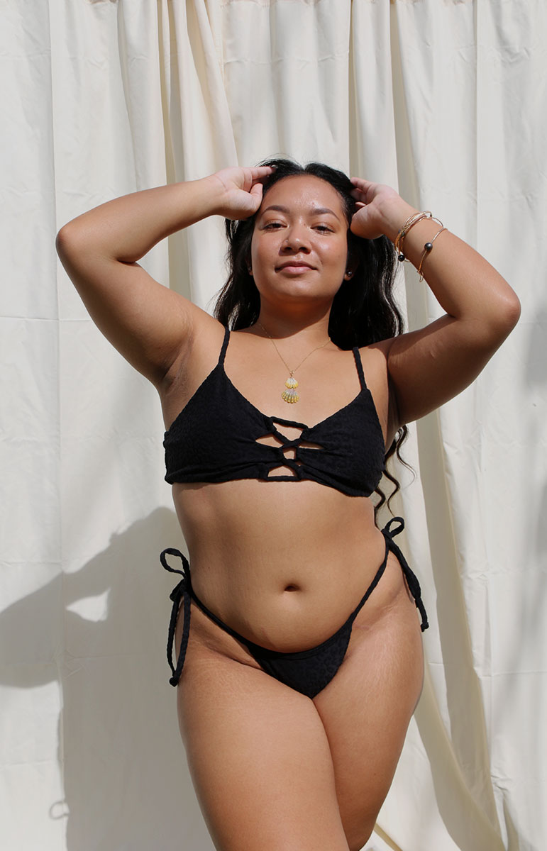 tai swim co evelyn top in hiwahiwa black strappy lace up bikini top with animal print textured fabric sustainable size inclusive swimwear from hawaii
