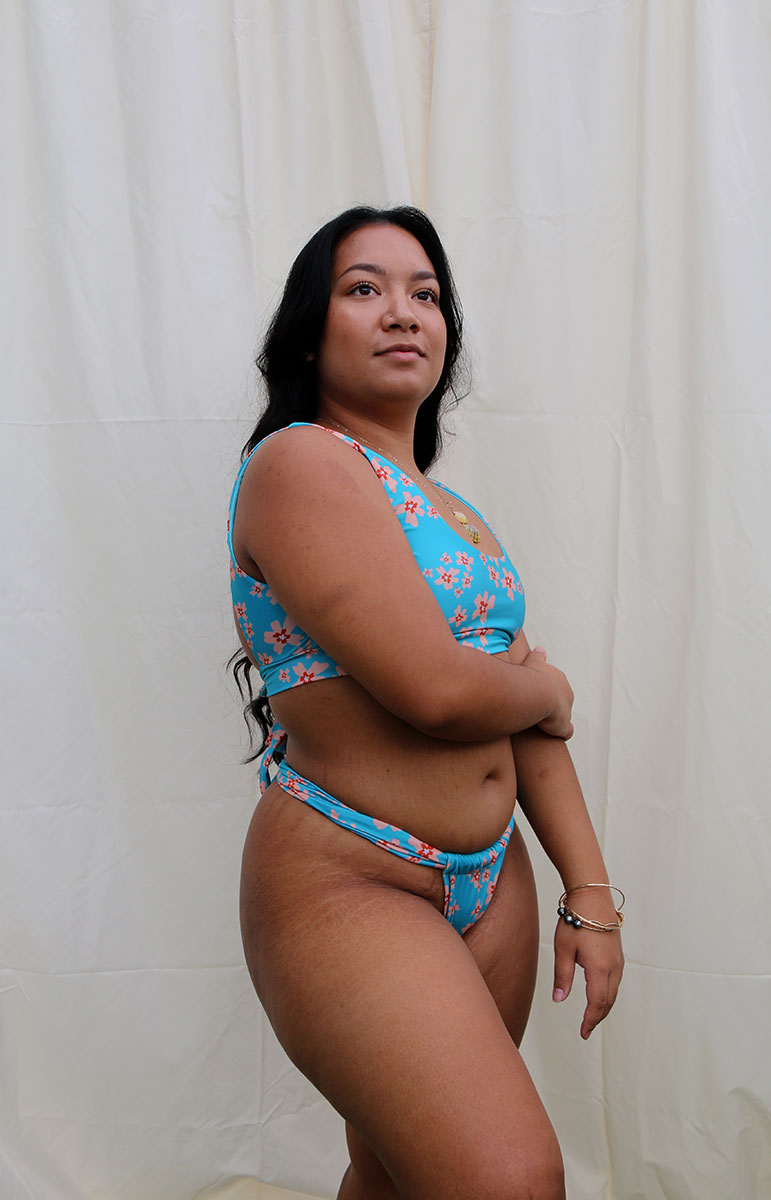 tai swim co starr bottoms in blossom blue floral pink sakura blossom bikini bottoms with thick side straps high waisted style figure flattering swimwear from kailua oahu hawaii